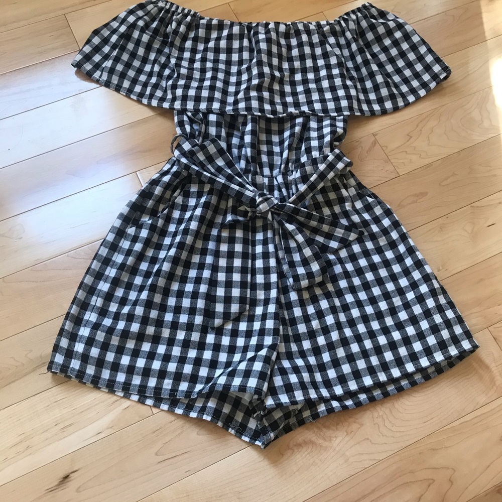 Black and white gingham romper